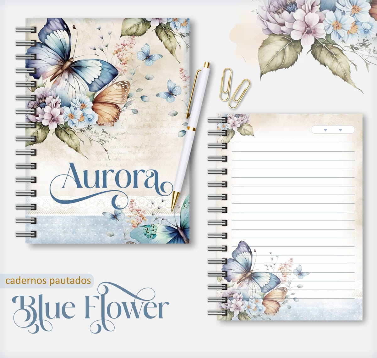 Caderno Feminino Blue Digital para Personalizar 1 Dois cadernos espiralados decorados com borboletas azuis e flores em aquarela.
