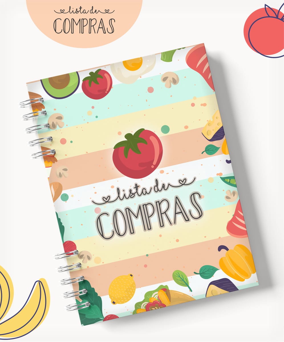 Caderno Lista de Compras Digital A5 para Imprimir 2 Caderno espiral com ilustrações de alimentos diversos sobre fundo de listras coloridas.