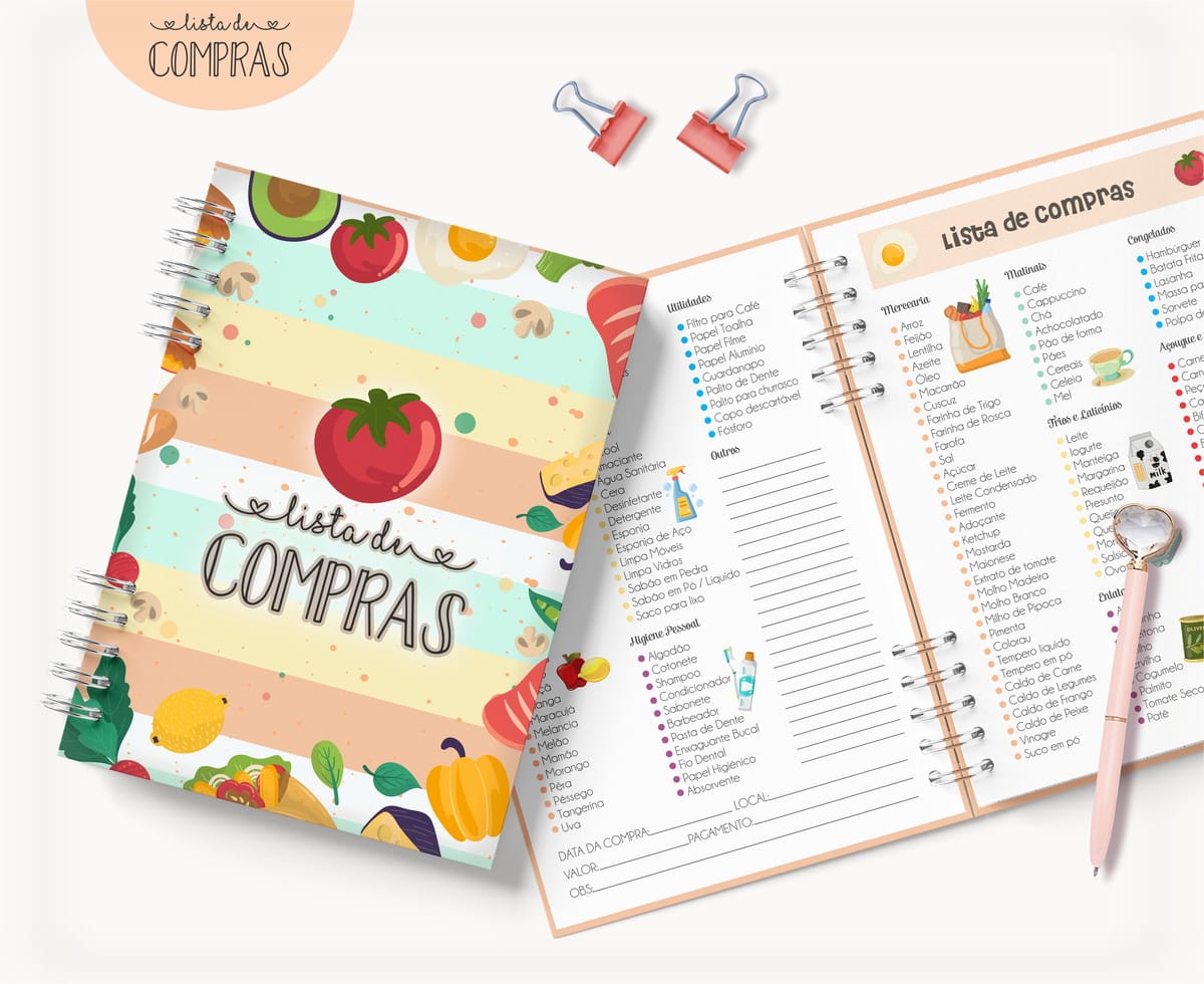 Caderno Lista de Compras Digital A5 para Imprimir 1 Caderno espiral aberto com capa ilustrada e páginas contendo lista de compras organizada.
