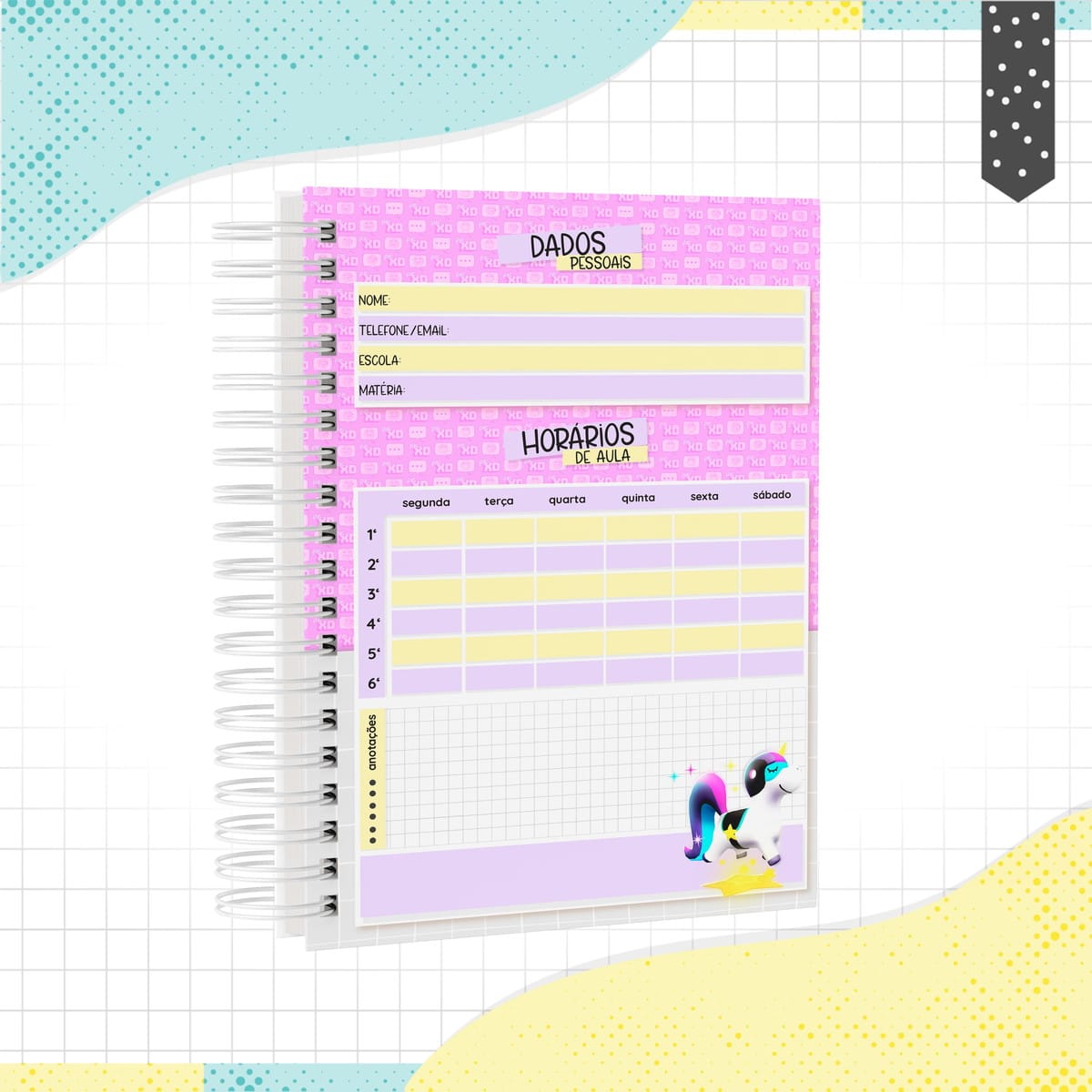 Caderno Menina Unicórnio Personalizável Arquivo Digital 2 Caderno espiral aberto exibindo página com dados pessoais e horários escolares coloridos.