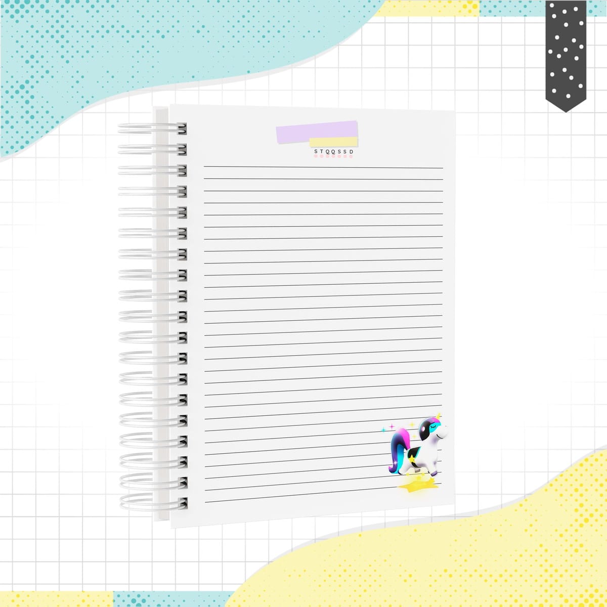 Caderno Menina Unicórnio Personalizável Arquivo Digital 3 Caderno espiral com pautas e desenho de unicórnio colorido no canto inferior.