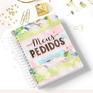 Caderno Meus Pedidos Digital Infantil Floral Para Imprimir 14 Caderno espiral com capa floral colorida e texto sobre fundo branco com papéis