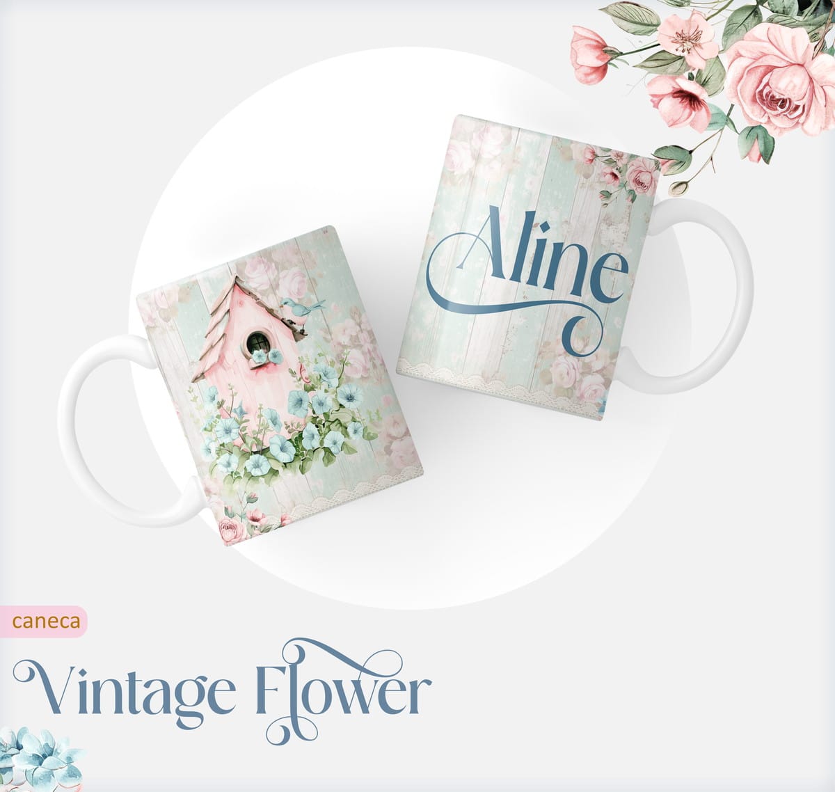 Caderno Pautado Floral Vintage para Encadernação 3 Duas canecas brancas estampadas com tema floral e texto em fundo claro.