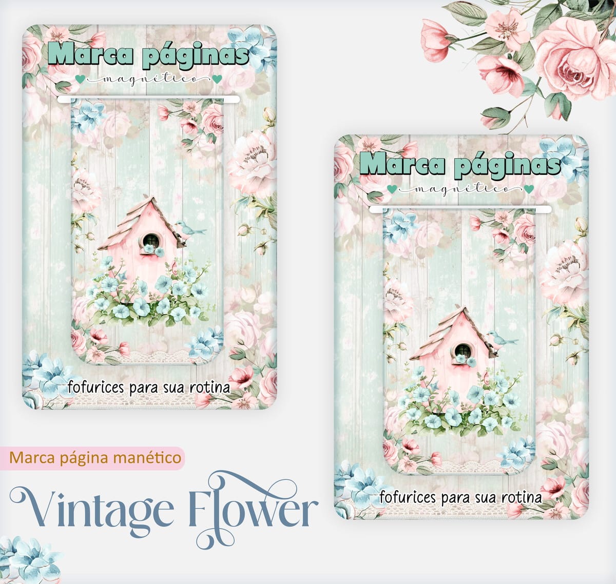Caderno Pautado Floral Vintage para Encadernação 4 Dois marca-páginas magnéticos retangulares com estampa floral vintage e casinha de passarinho.