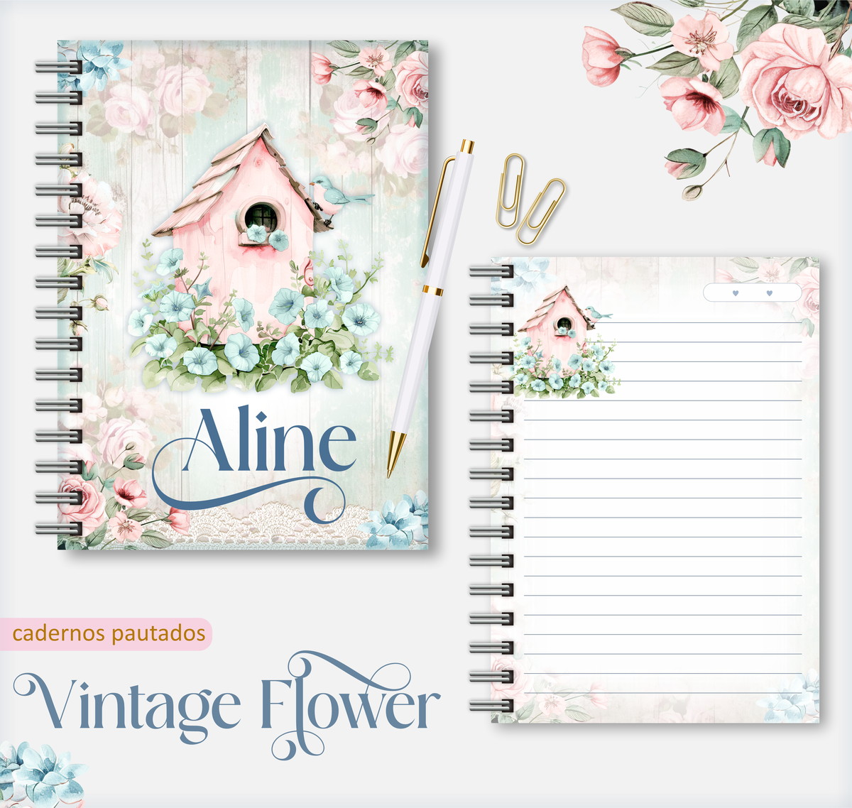 Caderno Pautado Floral Vintage para Encadernação 1 Caderno Pautado Floral Vintage para Encadernação