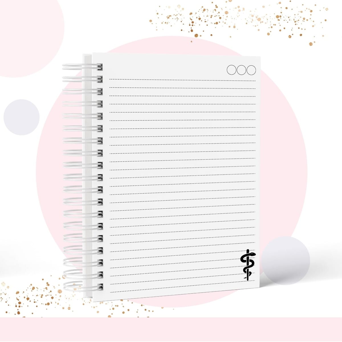 Caderno Pautado Odontologia Arquivo Digital Personalizável 2 Caderno espiral com folhas pautadas decorado com símbolo da medicina no canto inferior.