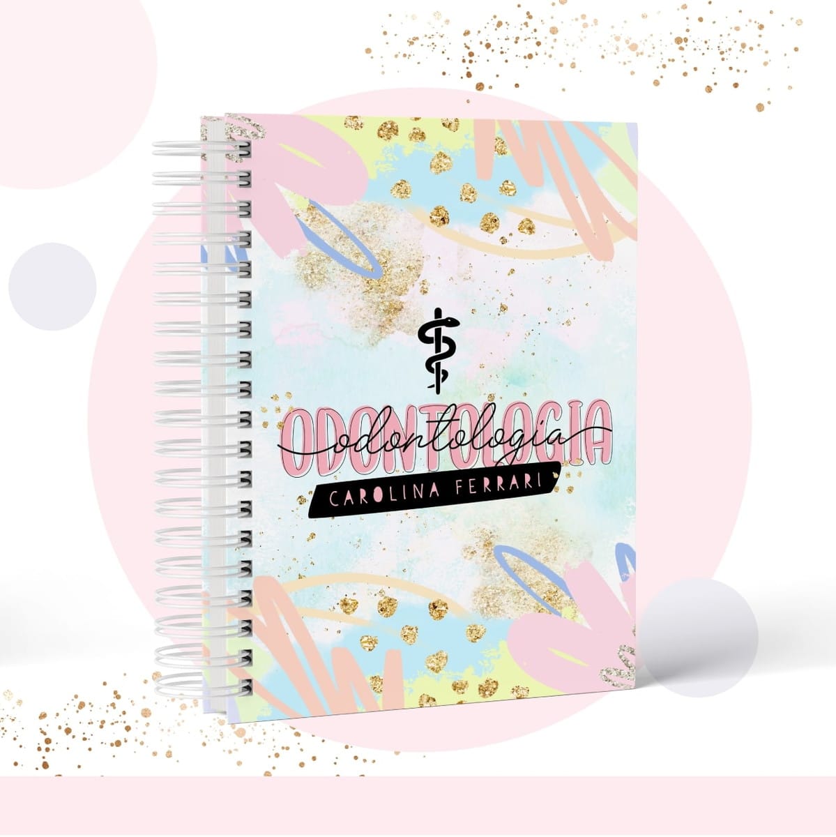 Caderno Pautado Odontologia Arquivo Digital Personalizável 1 Caderno espiral com capa personalizada com motivos de odontologia e elementos gráficos coloridos.