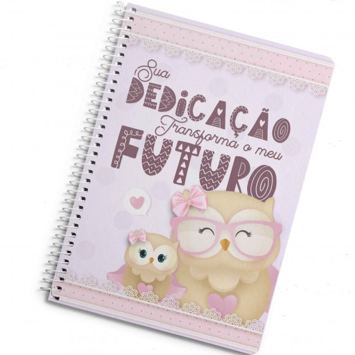 Caderno Pautado Digital Professora Corujinha para Imprimir 3 Arte digital para capa com duas corujas, frase motivacional e detalhes em rosa.