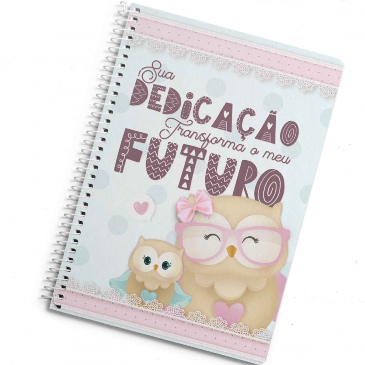 Caderno Pautado Digital Professora Corujinha para Imprimir 4 Arte digital de caderno espiral com capa de corujas e mensagem inspiradora.