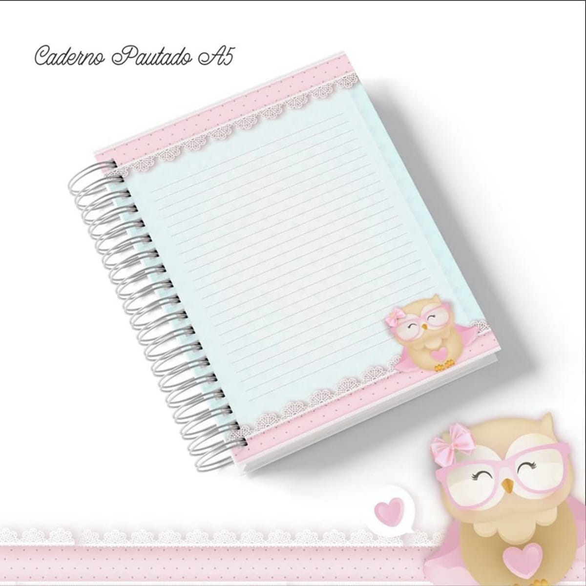 Caderno Pautado Digital Professora Corujinha para Imprimir 2 Arte digital de caderno pautado A5 com coruja fofa e detalhes rosa.