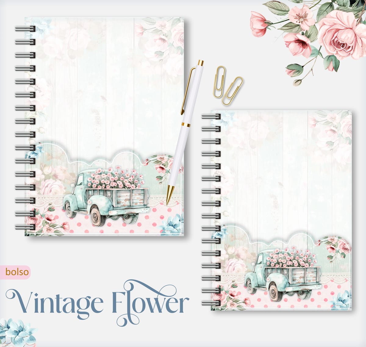 Caderno Pautado Vintage com Flores para Encadernação 2 Caderno Pautado Vintage com Flores para Encadernação - Imagem 2