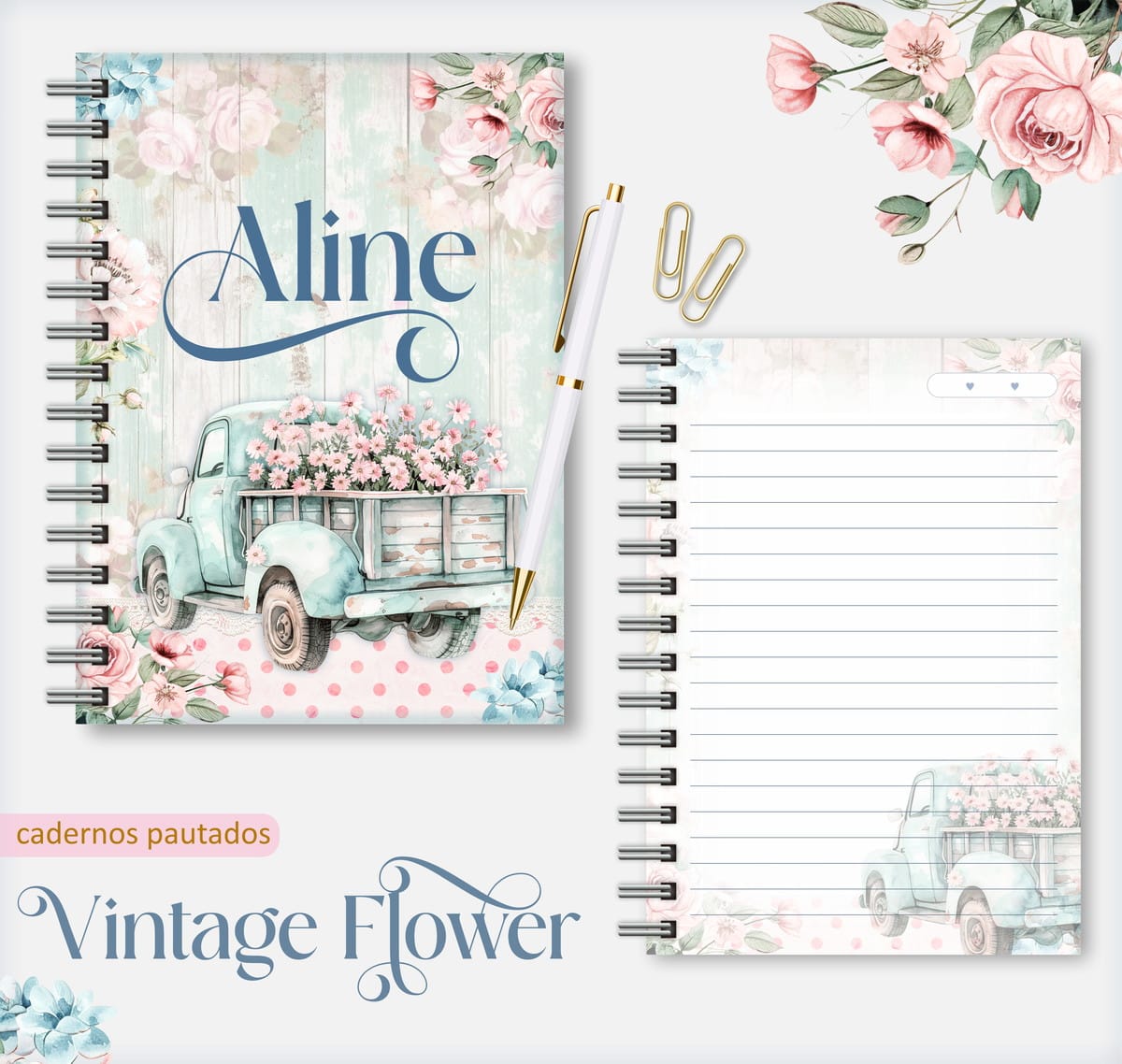 Caderno Pautado Vintage com Flores para Encadernação 1 Caderno Pautado Vintage com Flores para Encadernação