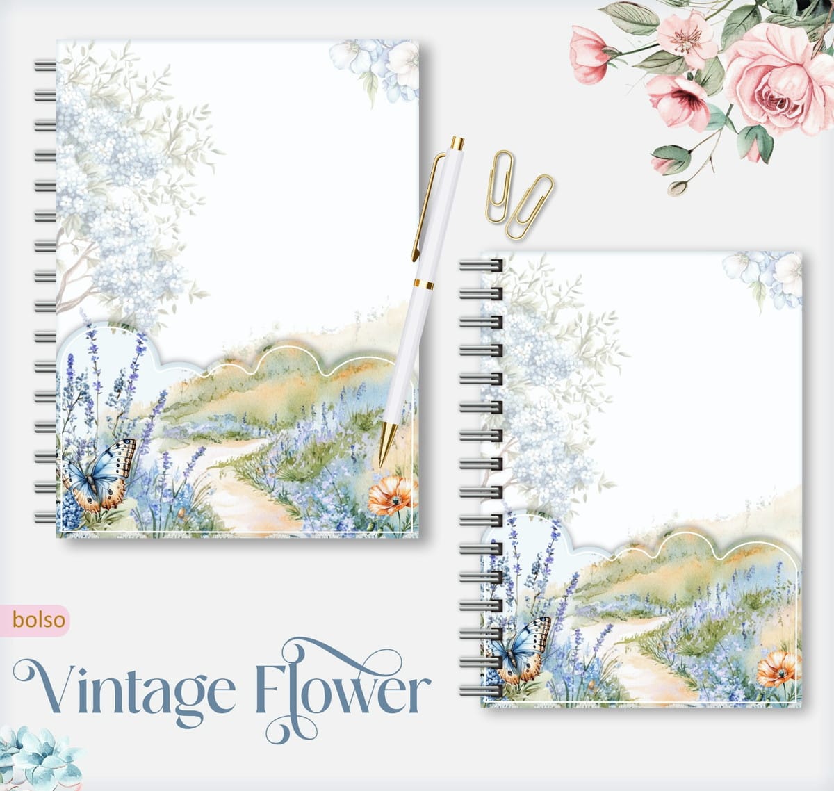 Kit Caderno Pautado Vintage Floral para Encadernação 2 Kit Caderno Pautado Vintage Floral para Encadernação - Imagem 2
