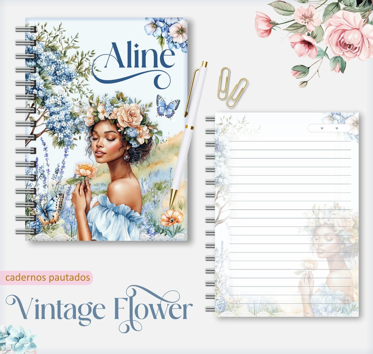 Kit Caderno Pautado Vintage Floral para Encadernação 1 Kit Caderno Pautado Vintage Floral para Encadernação