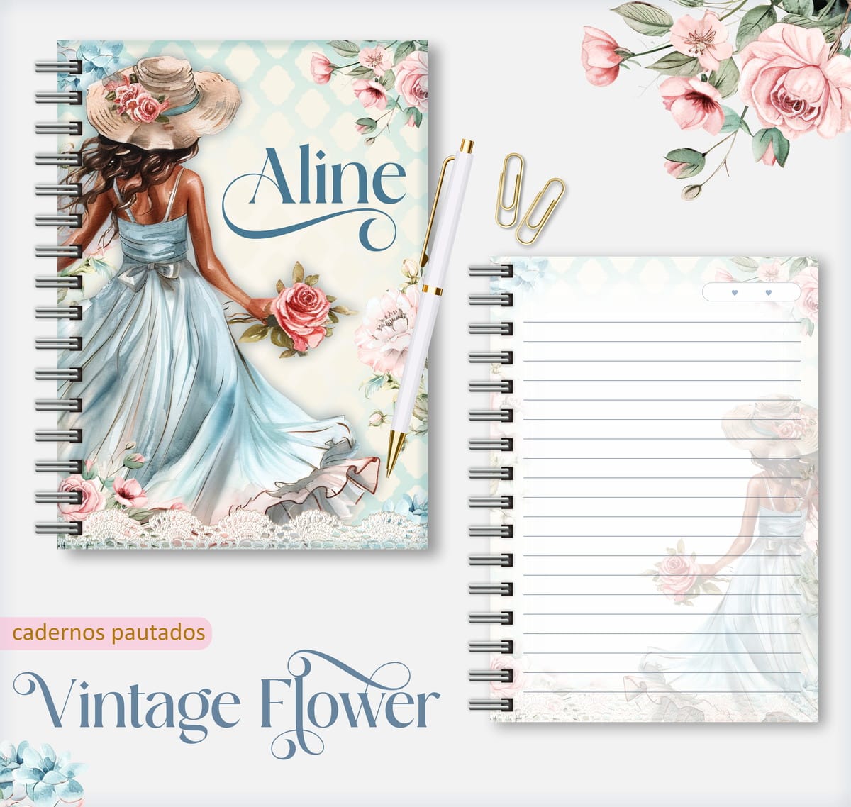 Caderno Pautado Vintage Floral para Encadernação Artesanal 1 Caderno Pautado Vintage Floral para Encadernação Artesanal