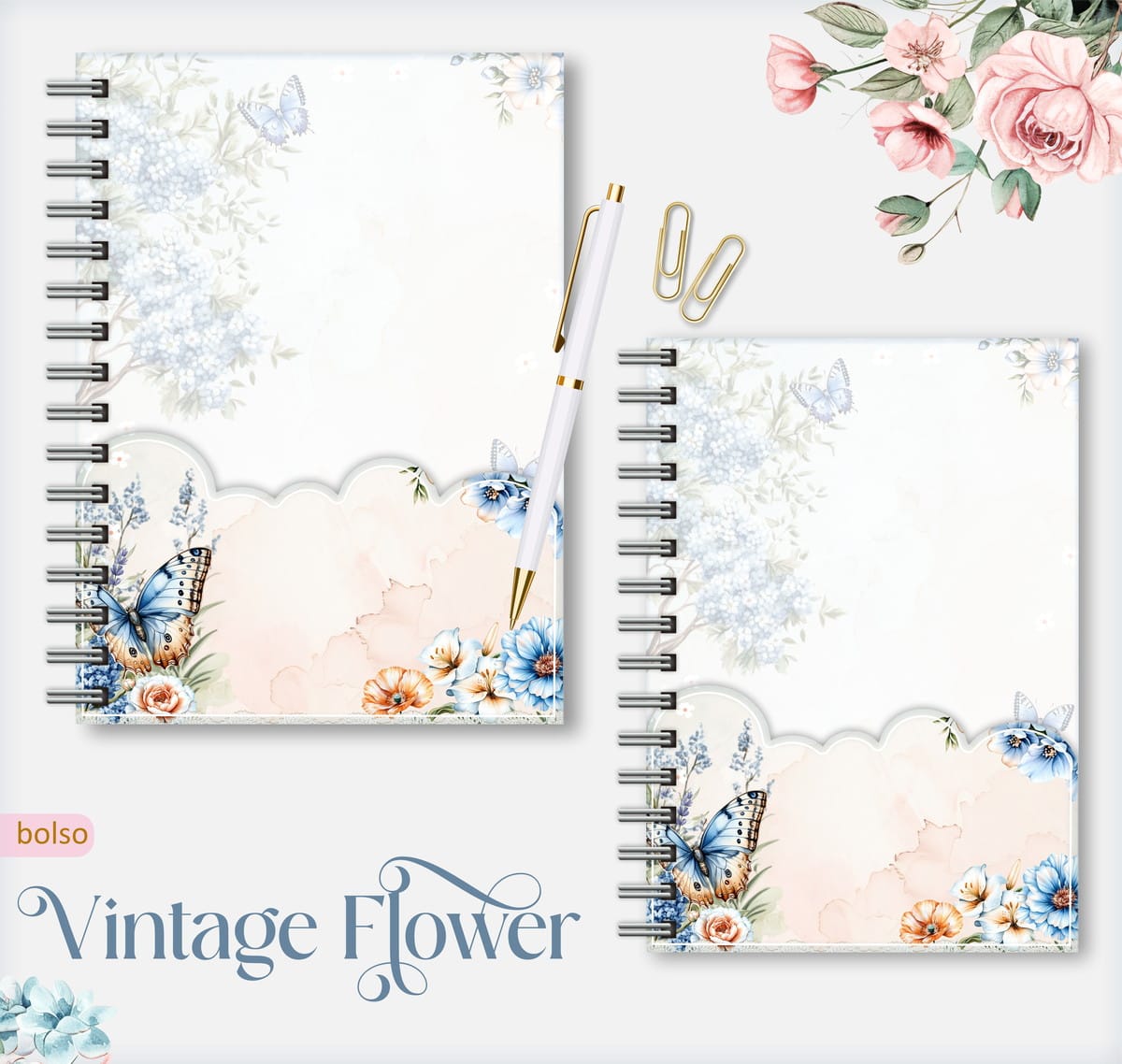 Caderno Pautado Vintage Flower Digital para Encadernação 2 Dois cadernos em espiral com estampas florais, borboletas, uma caneta e clipes metálicos.