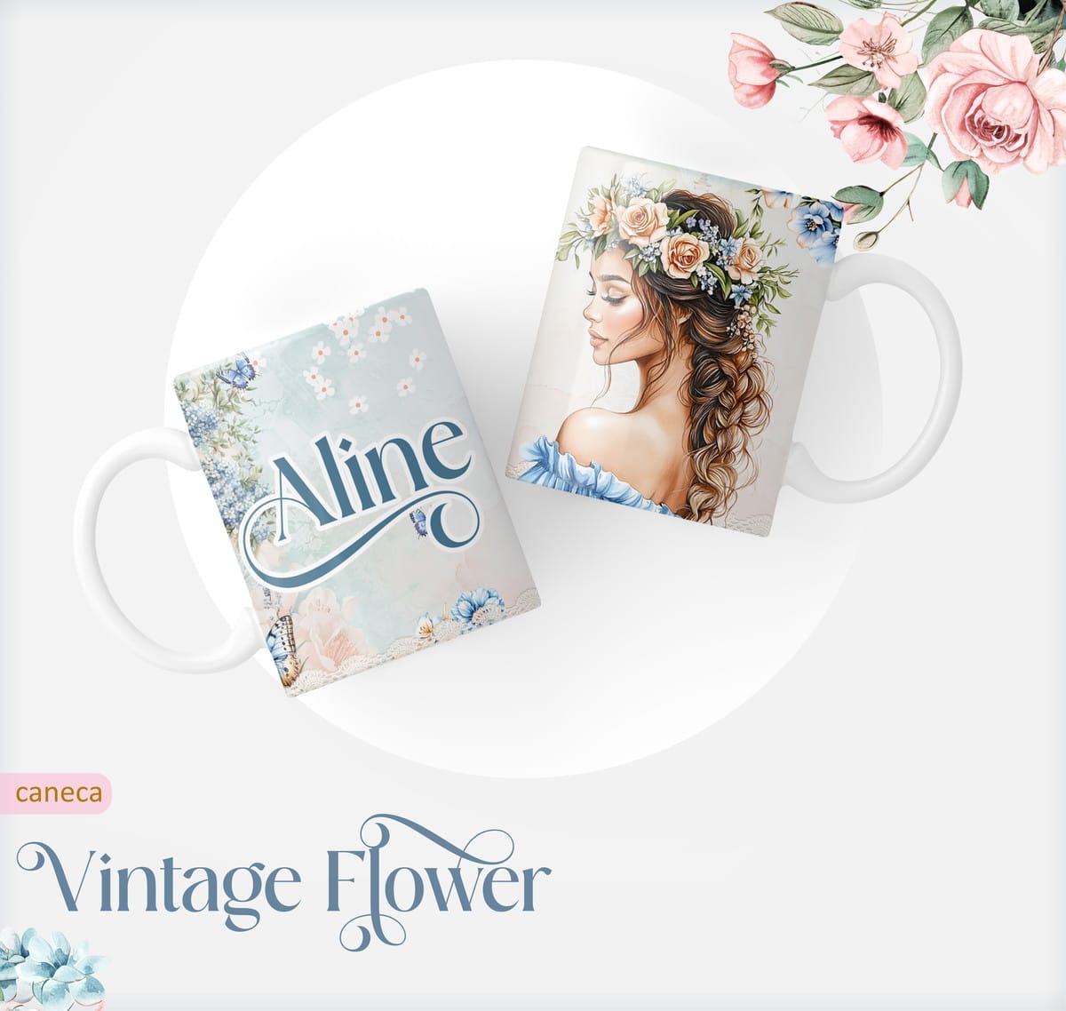 Caderno Pautado Vintage Flower Digital para Encadernação 3 Duas canecas brancas com ilustrações de mulher e flores em tons pastéis.