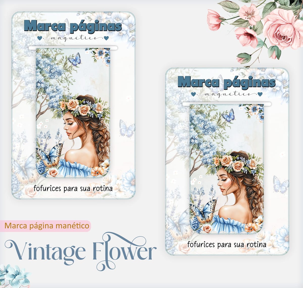 Caderno Pautado Vintage Flower Digital para Encadernação 4 Dois marca-páginas magnéticos com ilustração de mulher jovem usando coroa de flores e borboletas.