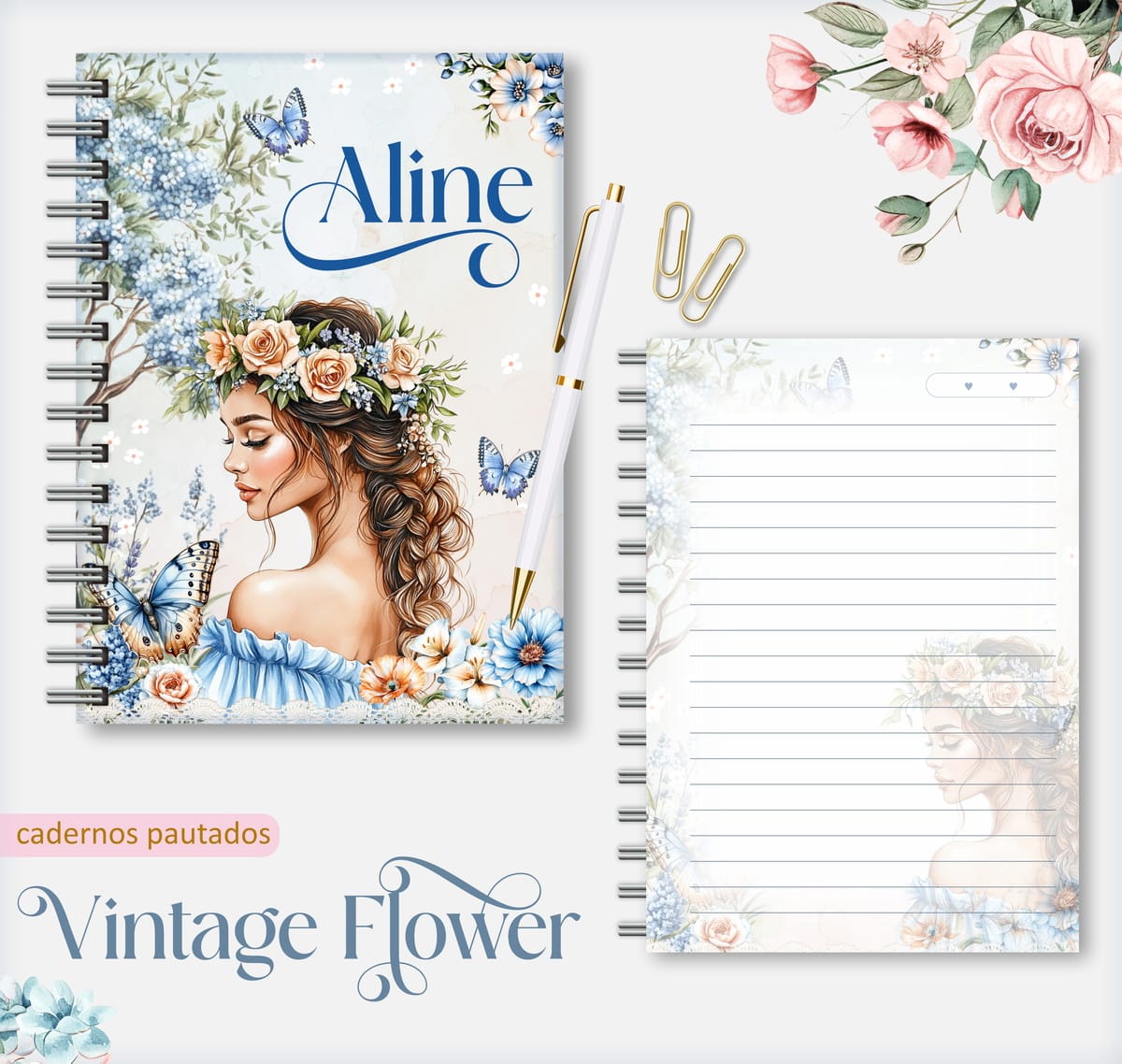 Caderno Pautado Vintage Flower Digital para Encadernação 1 Caderno com capa ilustrada com mulher, flores e borboletas, acompanhado de caneta.