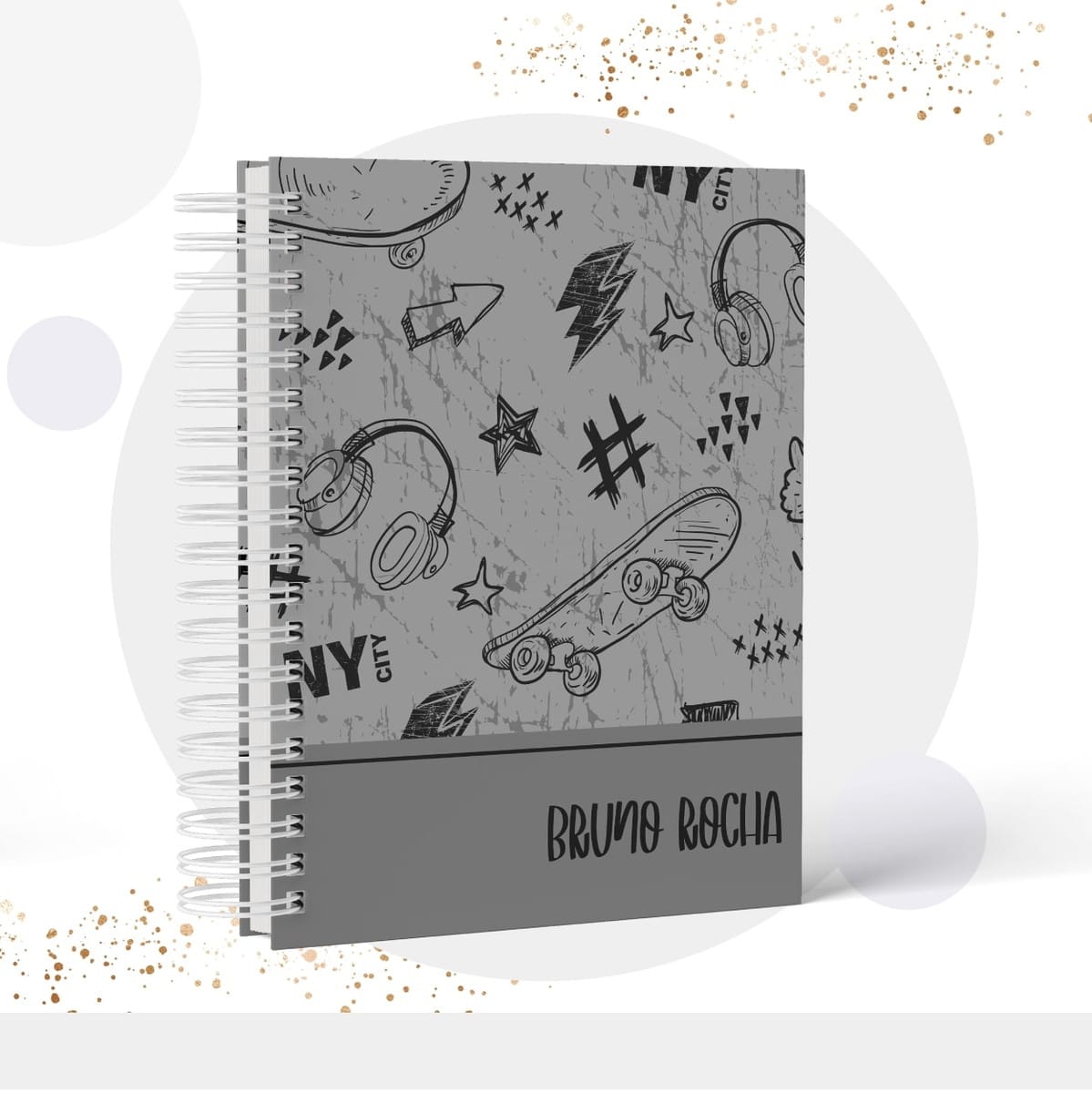Caderno Teen Menino Digital para Sublimação e Scrapbooking 1 Caderno espiral com capa cinza estampada por desenhos estilo grafite e skate.