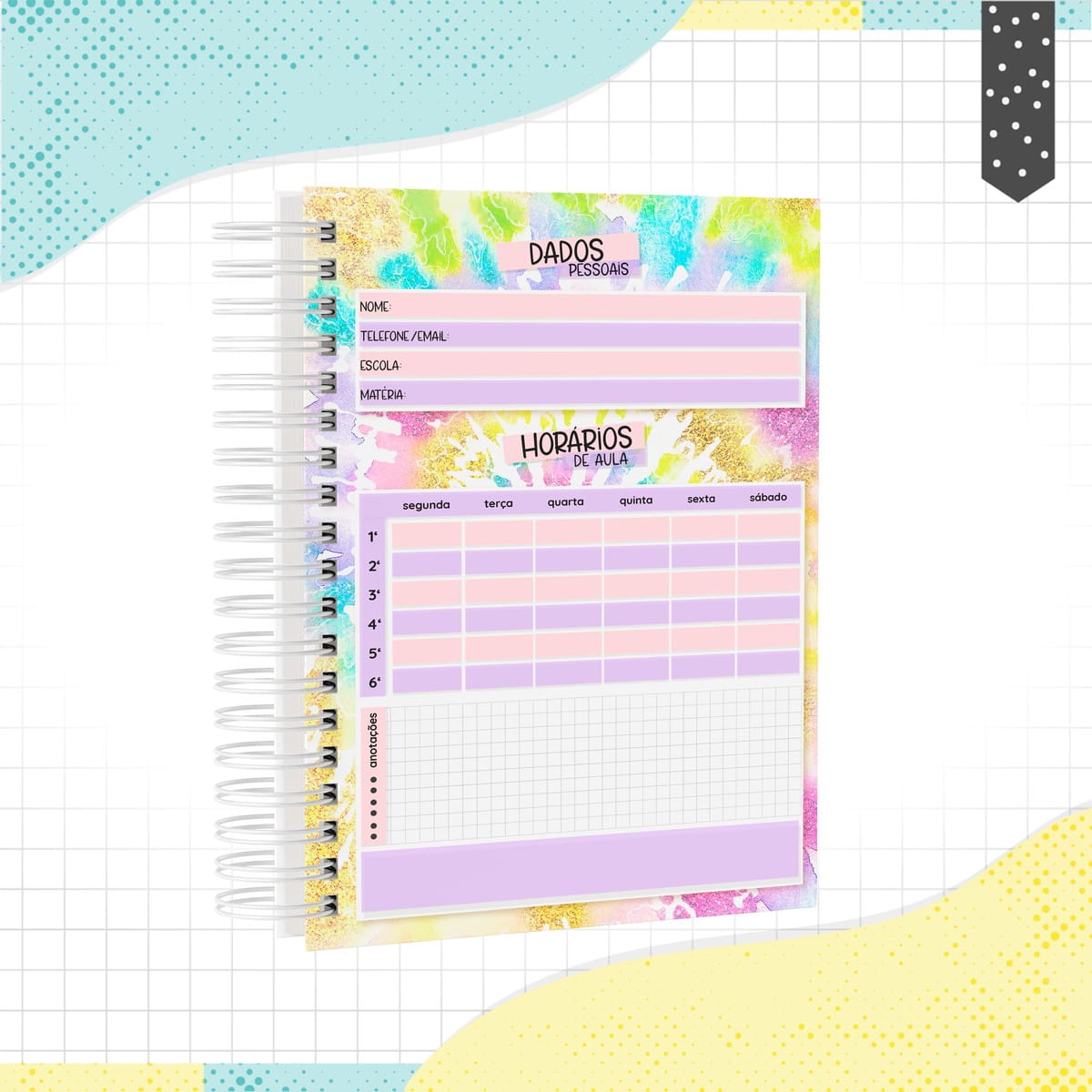 Caderno TieDye Digital Personalizado A5 e Universitário 2 Caderno espiral aberto mostrando página com dados pessoais e horários de aula