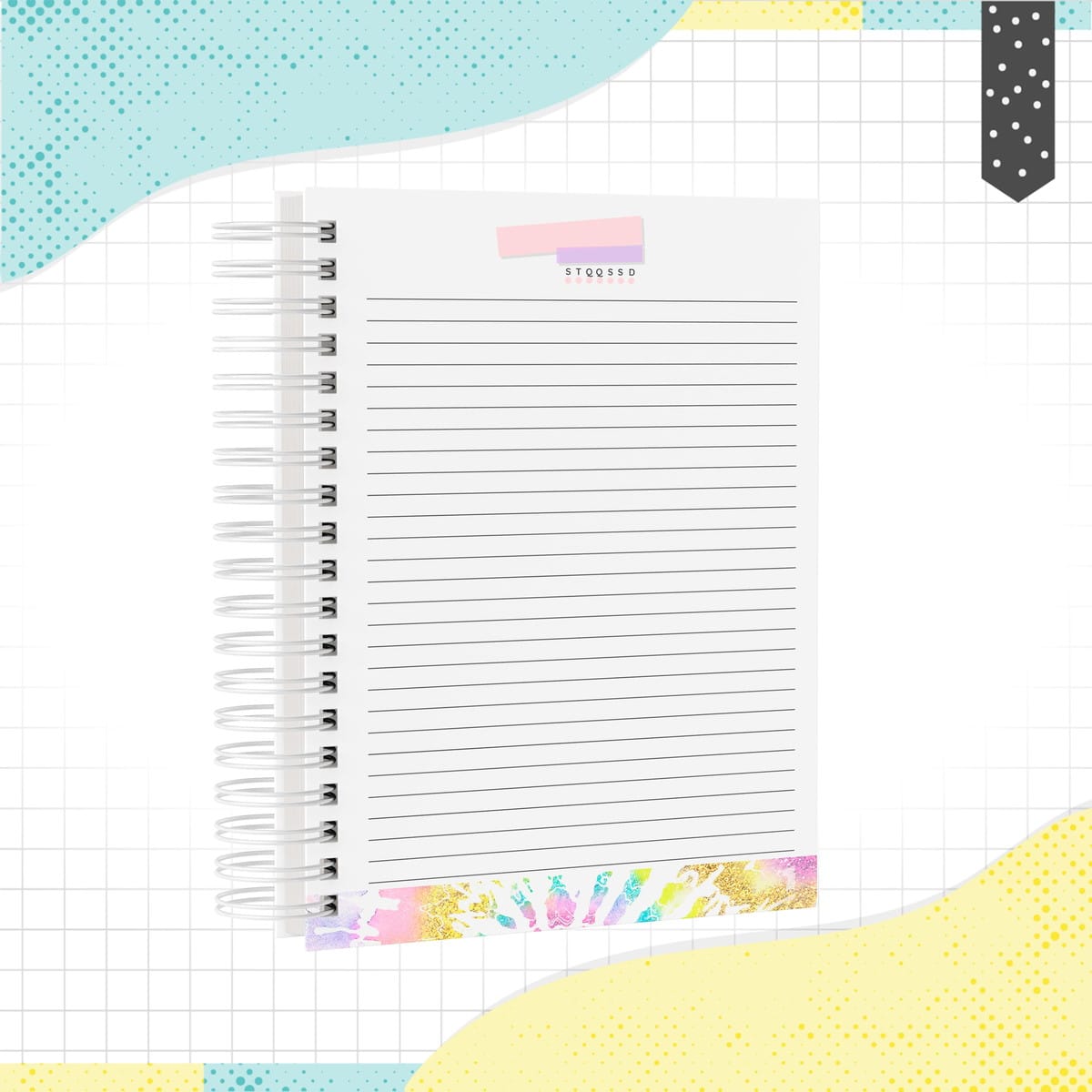 Caderno TieDye Digital Personalizado A5 e Universitário 3 Caderno espiral com folhas pautadas sobre fundo quadriculado e colorido.