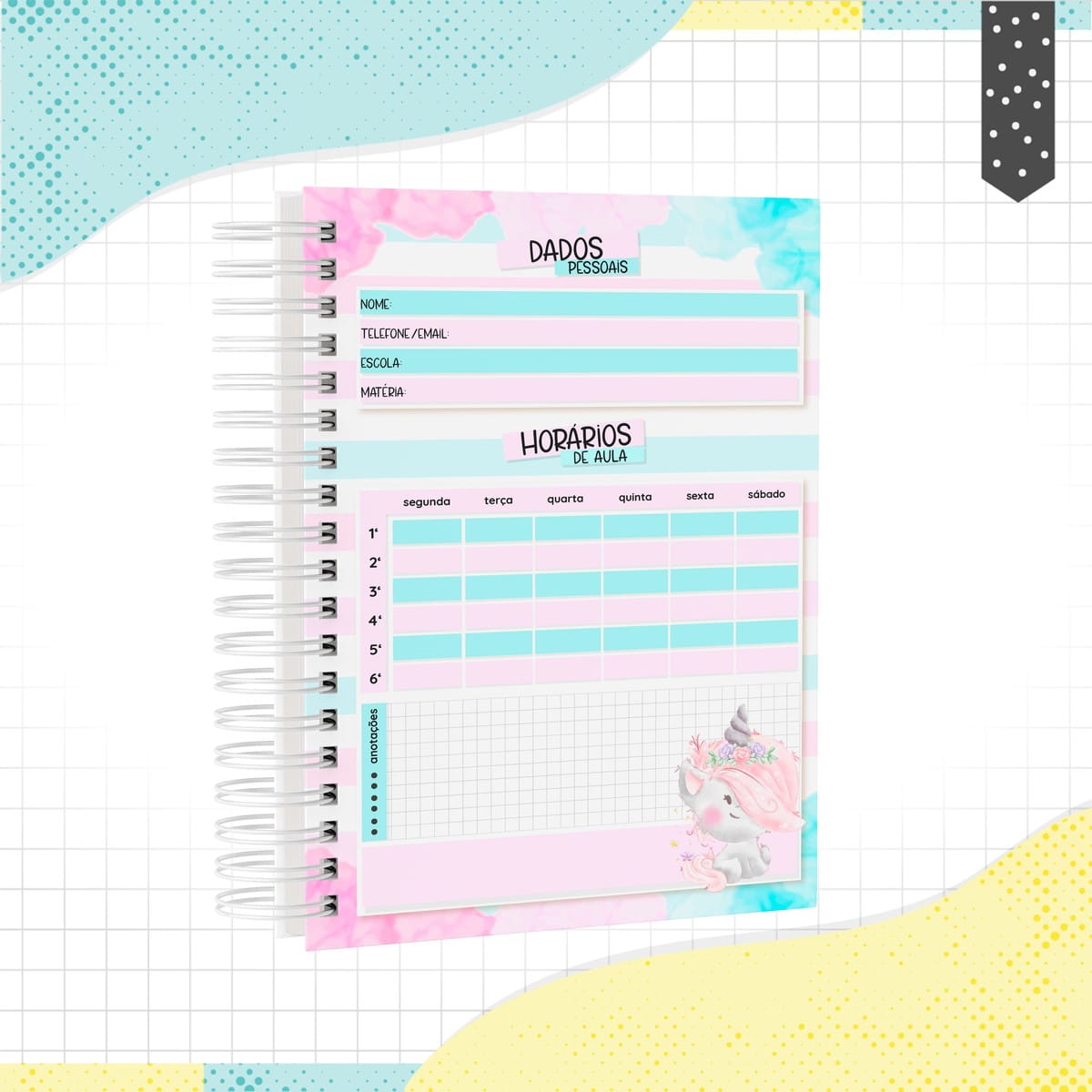 Caderno Unicórnio Digital Para Imprimir e Vender 2 Caderno espiral aberto exibindo páginas com horários de aula e dados pessoais coloridos