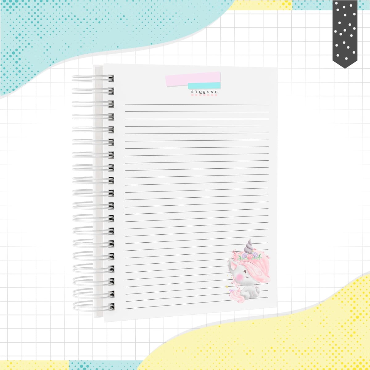 Caderno Unicórnio Digital Para Imprimir e Vender 3 Caderno espiral com linhas e ilustração de unicórnio no fundo quadriculado.