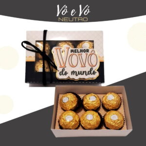 Caixa de presente com bombons dourados e mensagem escrita em destaque.