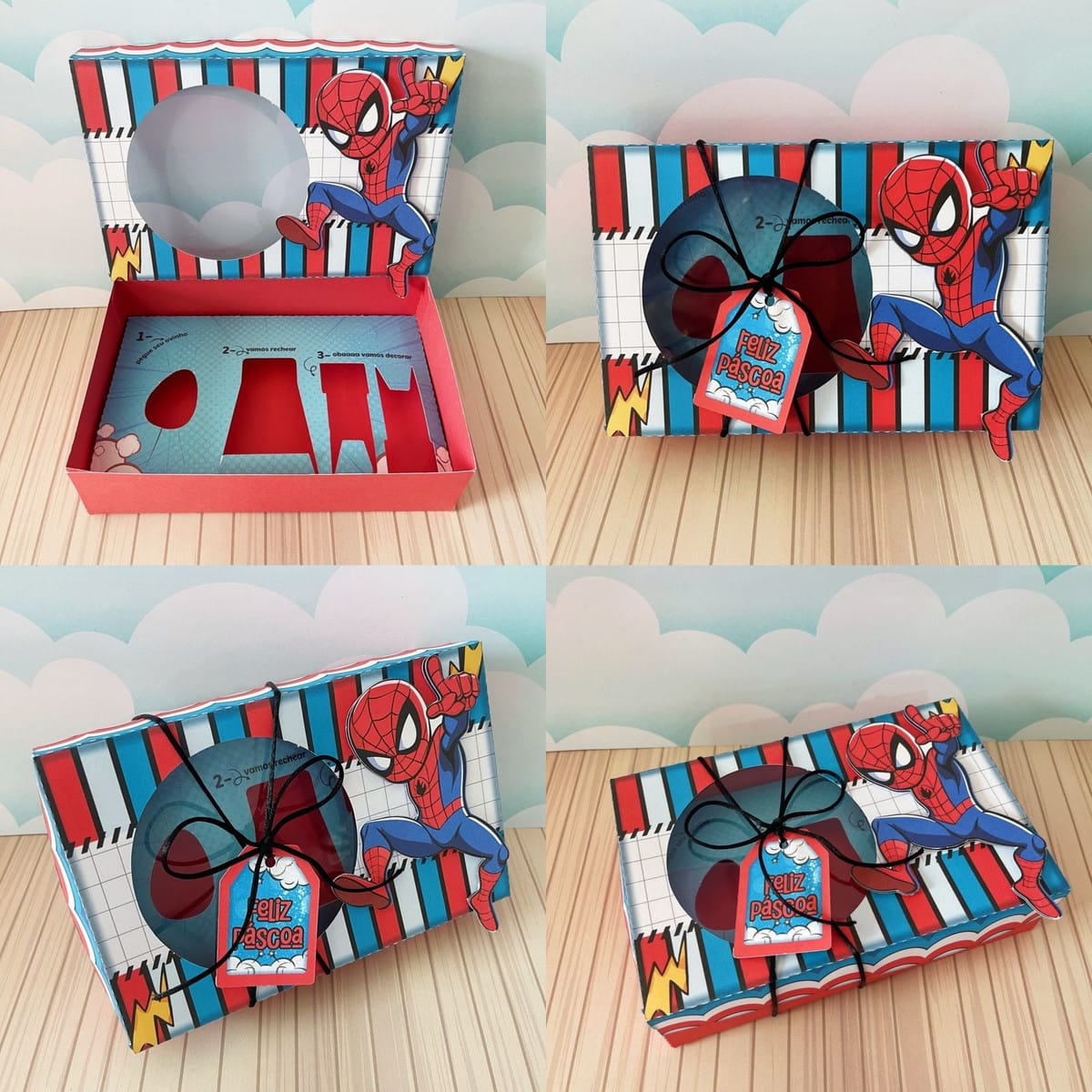Caixa de Páscoa Homem Aranha Arquivo Digital para Montar 1 Caixa de presente temática com estampa de herói e mensagem de feliz páscoa impressa.
