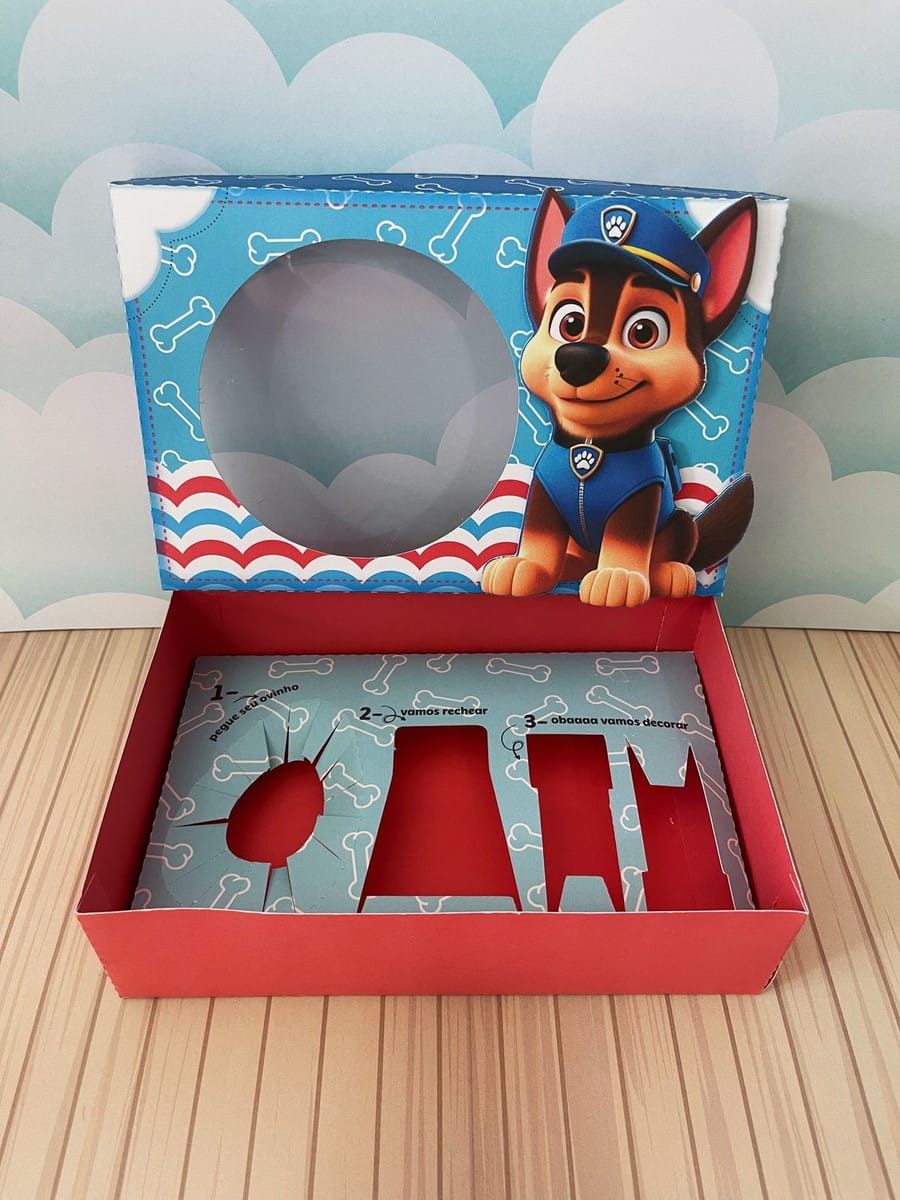 Caixa Mini Confeiteiro Patrulha Canina Digital 5 Caixa de papelão decorada com tema de filhote policial para montar ovo de páscoa.