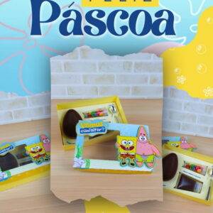 Caixa amarela de Páscoa com ovos de chocolate e desenhos coloridos impressos.