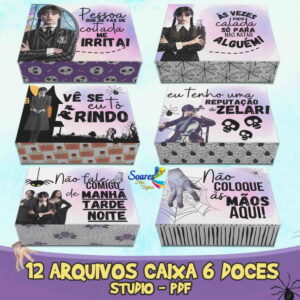 Seis caixas temáticas decoradas com imagens e frases em português sobre fundo roxo e branco.