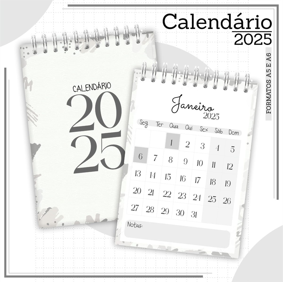 Calendário Masculino 2025 Digital para Impressão 2 Dois designs de calendário digital 2025, capa e mês de janeiro.