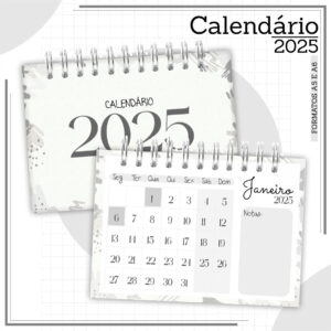Arte digital de calendário 2025 com capa e mês de janeiro visíveis.