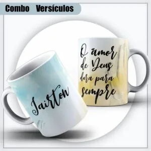 Caneca Versículos Mod 01 11 Duas canecas brancas com estampas de frases e nomes em fundo claro.