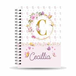 Caderno espiral com capa personalizada com flores cor de rosa e borboletas.