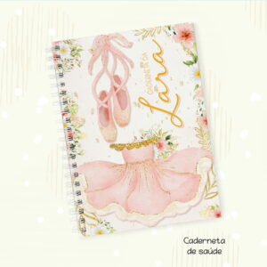 Arte digital de caderneta de saúde com tema balé, sapatilhas e vestido rosa.