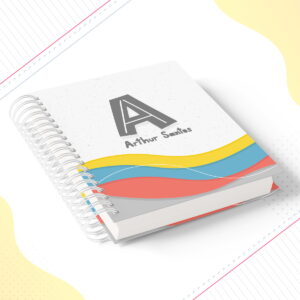 Caderno de capa branca com espiral metálica e ondas coloridas.