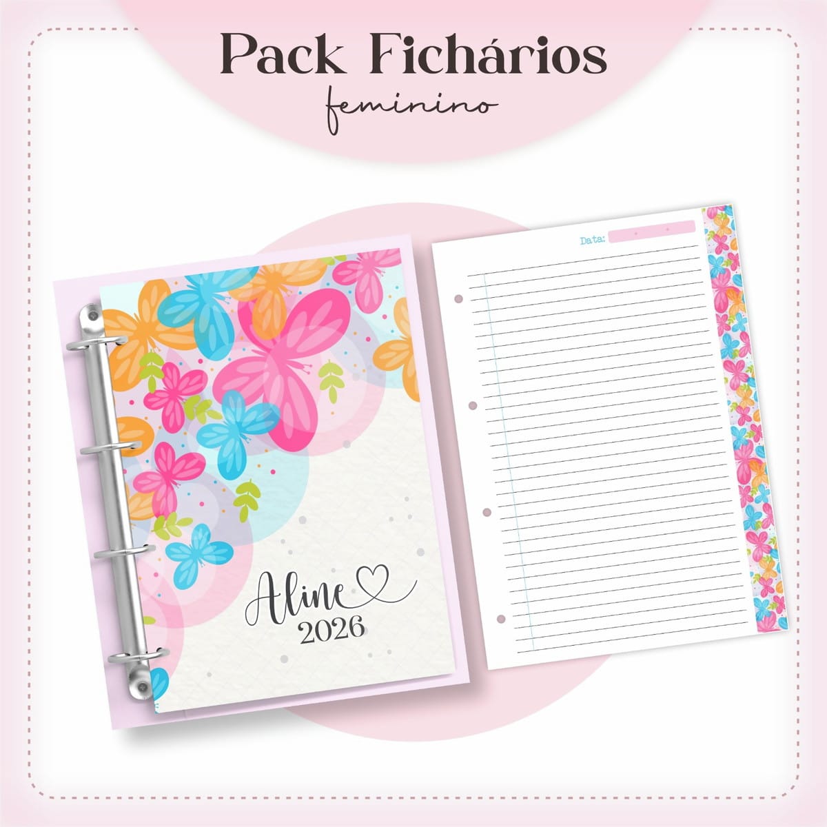 Capas de Fichário Femininas A5 para Imprimir e Encadernar 5 Capa e folha interna de fichário decorado com borboletas coloridas em fundo rosa.