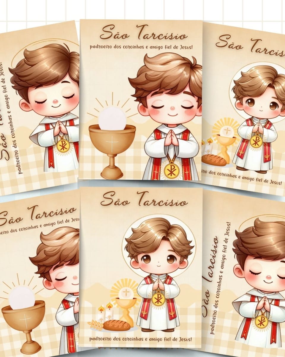 Capas São Tarcísio Digital PNG para Personalizar 2 Ilustração infantil digital com menino orando vestido de coroinha.