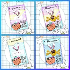 Card Páscoa 9 Quatro variações de tags de Páscoa com coelhos e mensagens festivas.