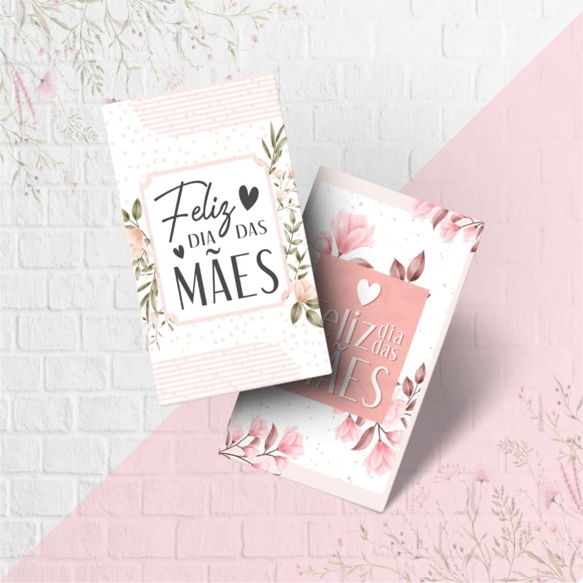 Cartão de Agradecimento Floral para Mães em PDF PNG e Corel 4 Dois cartões com estampas florais e a frase feliz dia das mães