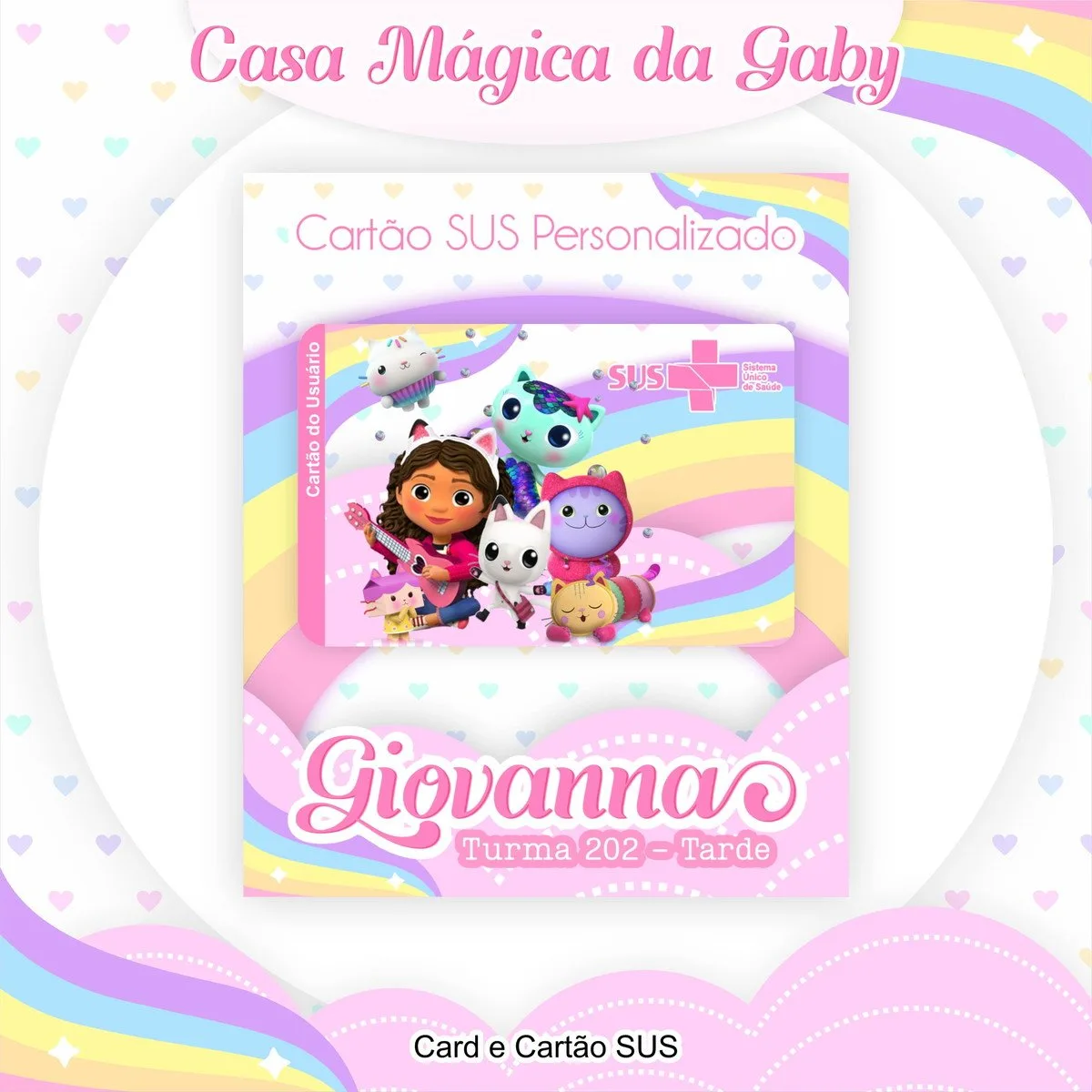 Arte digital com personagens de desenho animado e tema colorido para cartão personalizado.