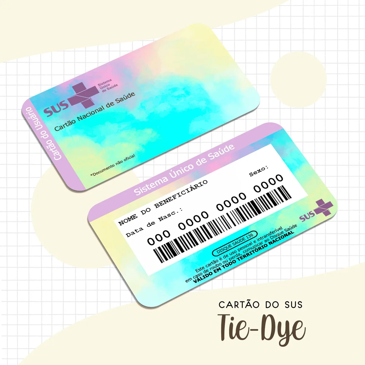 Cartão SUS Tie Dye Arquivo Digital para Impressão 1 Arte digital de dois cartões do SUS com design tie-dye, mostrando frente e verso.