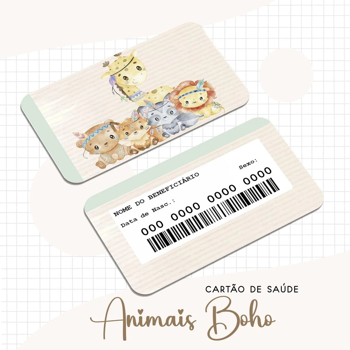 Cartão Sus Animais Boho 2 Dois cartões de saúde com ilustração de animais fofos estilo aquarela.
