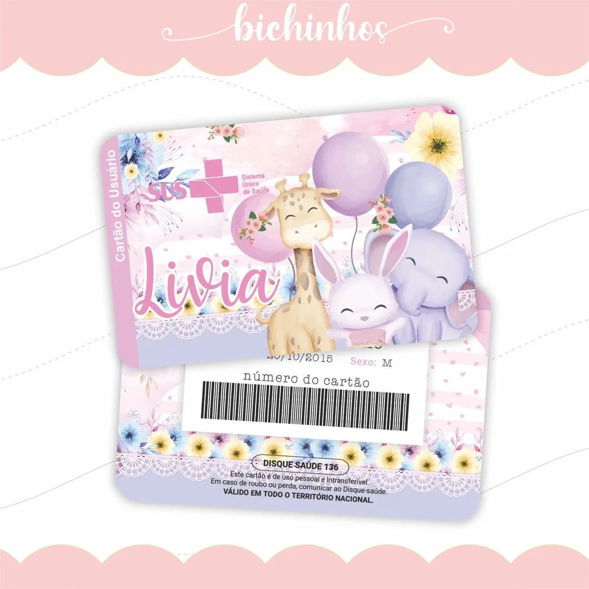 Cartão do sistema de saúde personalizado com ilustrações de animais infantis e flores coloridas.