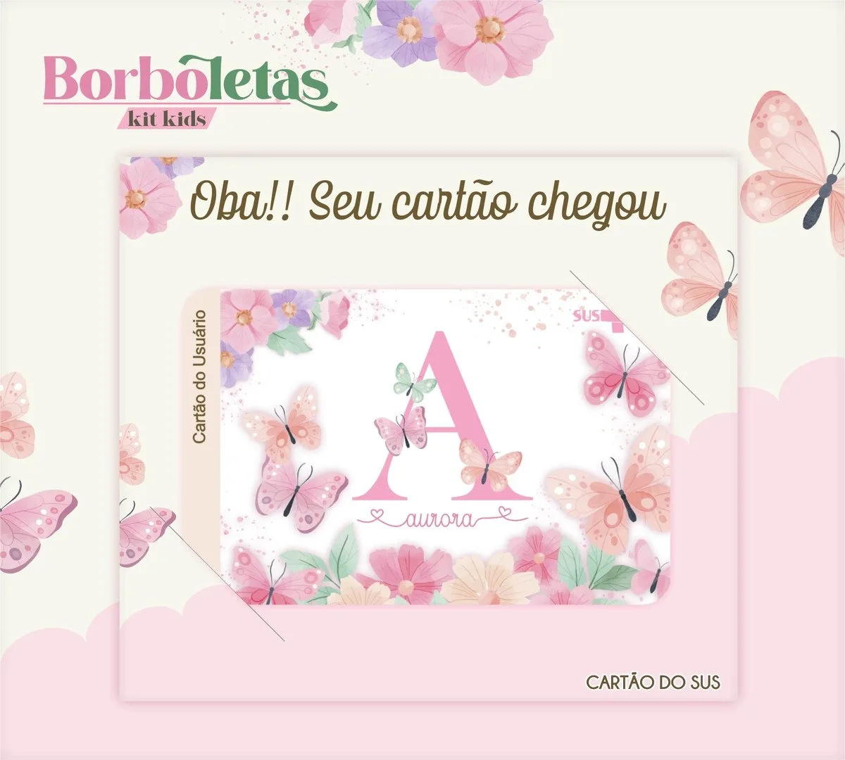 Cartão Sus Borboletas 2 Arte digital infantil com tema de borboletas e flores em tons rosa.