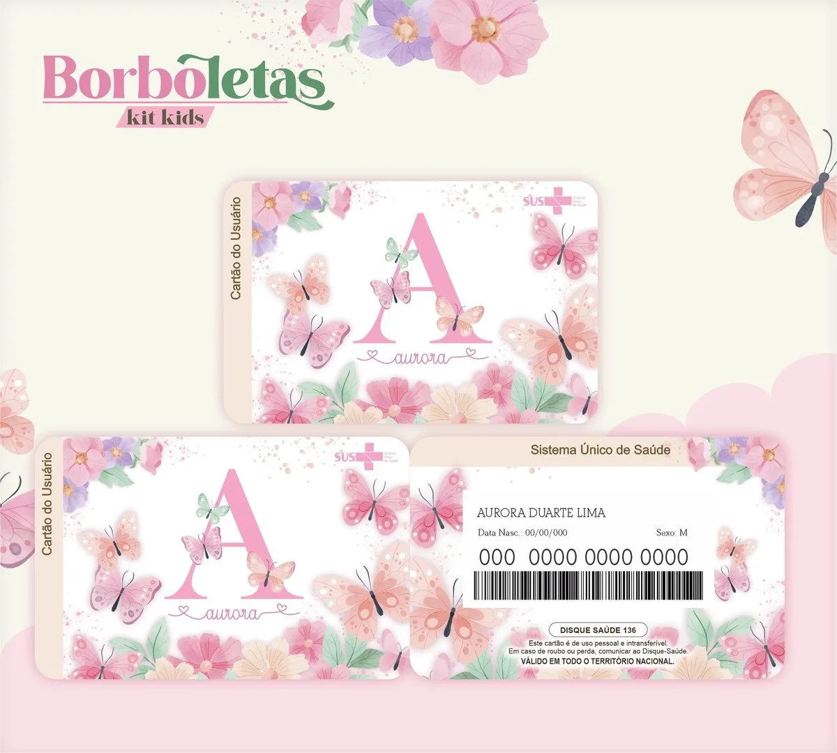 Cartão Sus Borboletas 1 Arte digital de cartões personalizados com tema infantil de borboletas em tons rosados.
