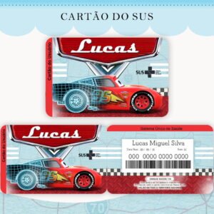Arte digital de um cartão de identificação com tema de carro de corrida vermelho
